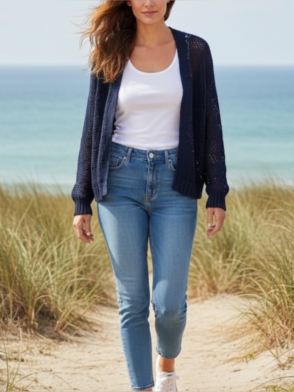 Banana Republic Italian Linen Cardigan Women's XL Navy Open Knit Coastal Beachy
